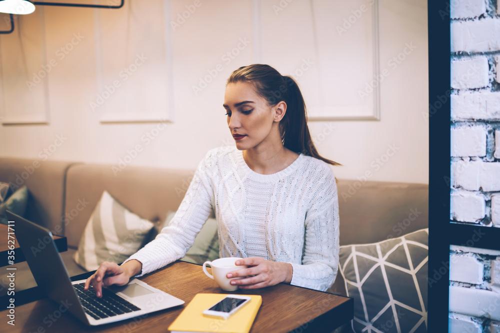 Female blogger choosing interesting design for own internet website Female blogger choosing interesting design for own internet website