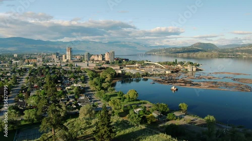 Aerial Drone Shot of Kelowna At Sunrise, Beautiful British Columbia Canada City, Okanagan Canada