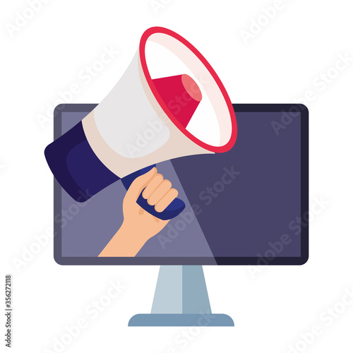 hand holding megaphone and computer design, Amplifer speaker bullhorn announce speech message communication and loud theme Vector illustration