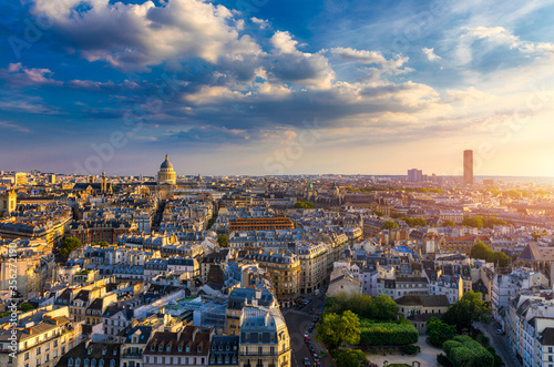 Panoramic view of Paris with the Pantheon at sunset, France. View of the Pantheon and the latin district at sunset, Paris, France.