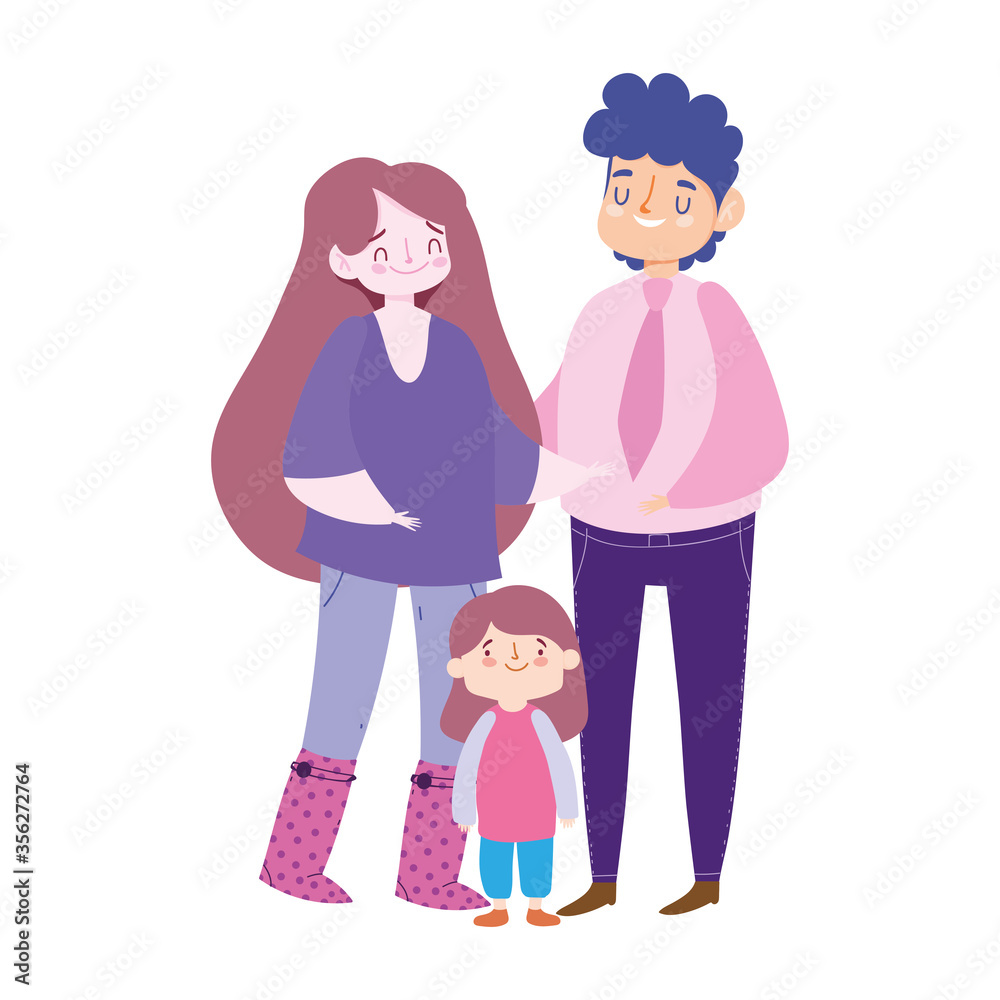father teen girl and little daughter cartoon character, family day