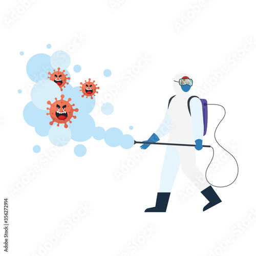 Man with protective suit spraying covid 19 virus cartoons design, Disinfects clean antibacterial and hygiene theme Vector illustration
