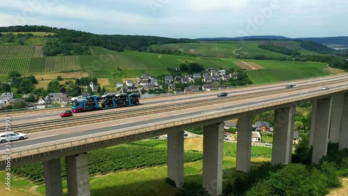 WS AERIAL Elevated Highway A1 with traffic / Mosel Valley , Riol, Rhineland-Palatinate, Germany photo