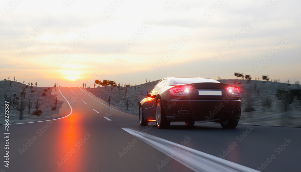 Black sport car on road, highway. Very fast driving. 3d rendering. Black sport car on road, highway. Very fast driving. 3d rendering.