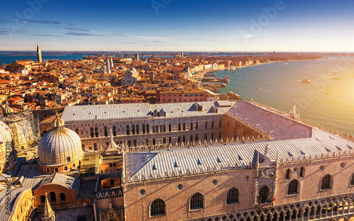 View of the dome of San Giorgio Maggiore church and Giudecca Canal in Venice, Italy. Amazing aerial view on the beautiful Venice, Italy. Venice from above, Venice landmark with old buildings.