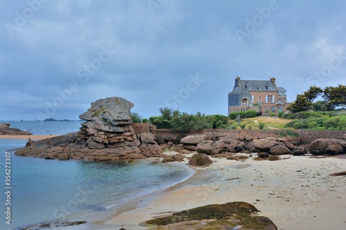 Beautiful seascape of the pink granite coast in brittany France photo