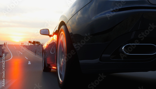 Black sport car on road, highway. Very fast driving. 3d rendering. © 3D motion