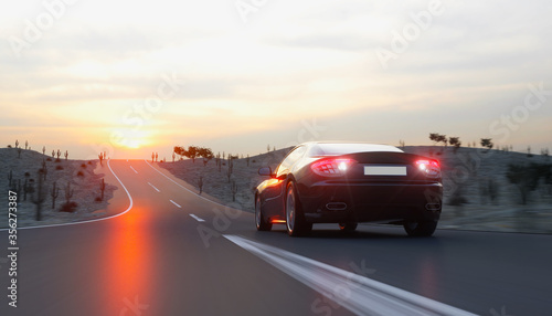 Black sport car on road, highway. Very fast driving. 3d rendering.