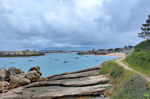 Beautiful seascape of the pink granite coast in brittany France
