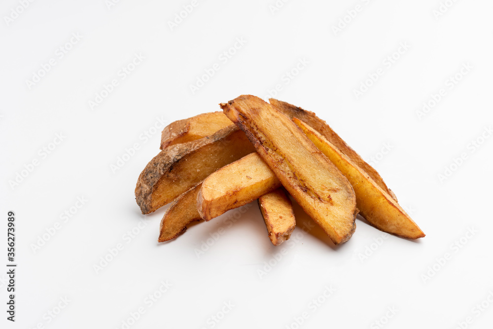 rustic homemade french fries on white background portion os fries potato