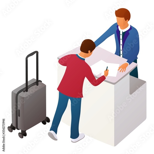 Two people interact near the reception or counter