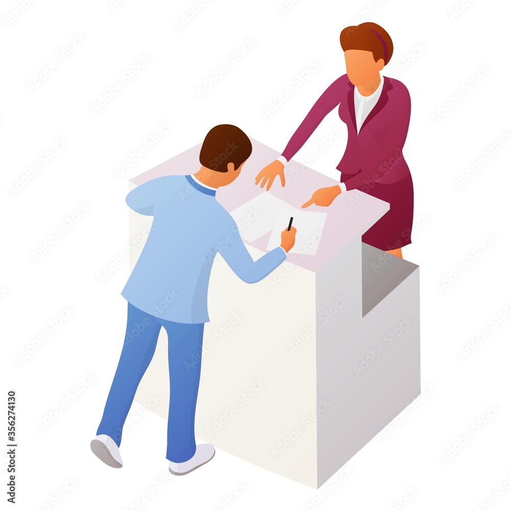 Two people interact near the reception or counter Two people interact near the reception or counter