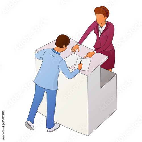 Two people interact near the reception or counter