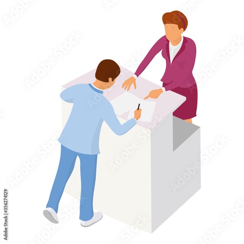 Two people interact near the reception or counter