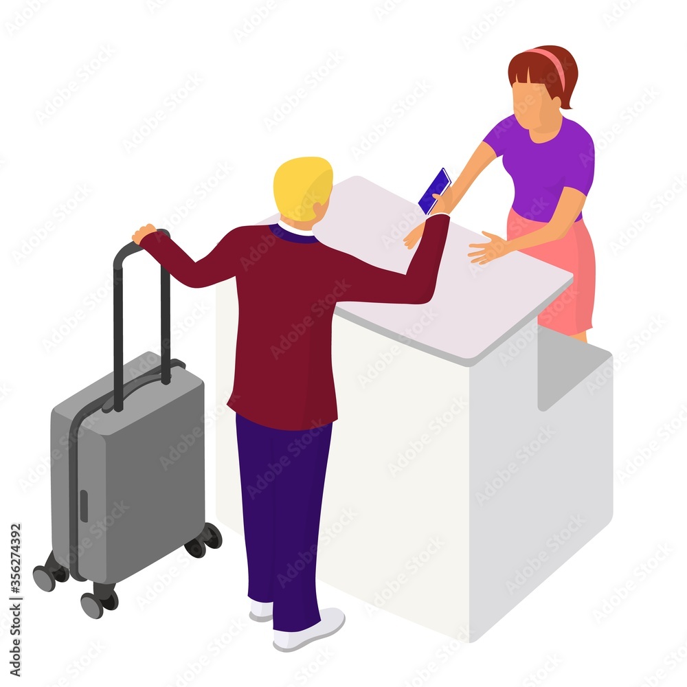 Two people interact near the reception or counter Two people interact near the reception or counter