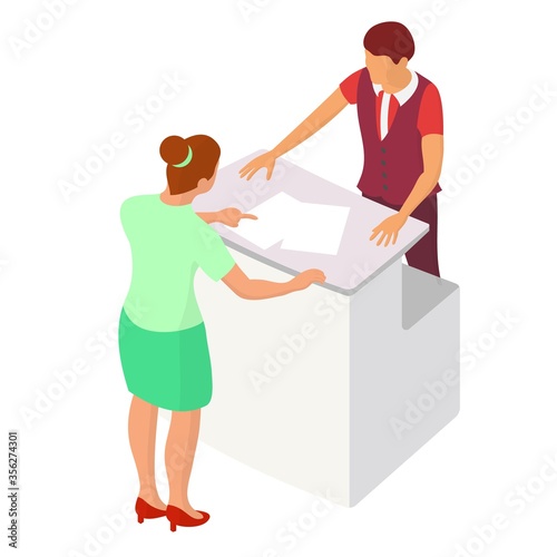 Two people interact near the reception or counter