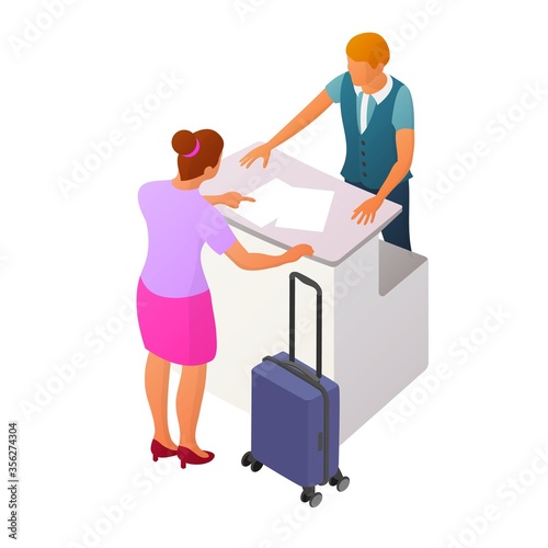 Two people interact near the reception or counter