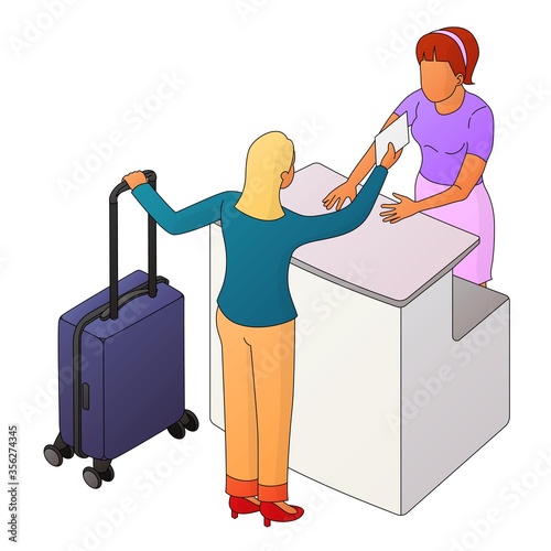 Two people interact near the reception or counter
