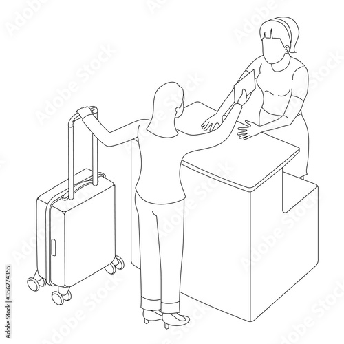 Two people interact near the reception or counter