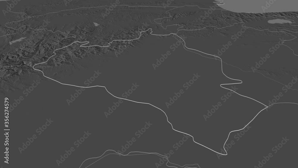 Portuguesa, state with its capital, zoomed and extruded on the bilevel map of Venezuela in the conformal Stereographic projection. Animation 3D