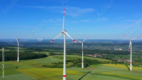 AERIAL WS Wind turbines and fields in Windpark / Saargau, Kirf, Rhineland-Palatinate, Germany photo