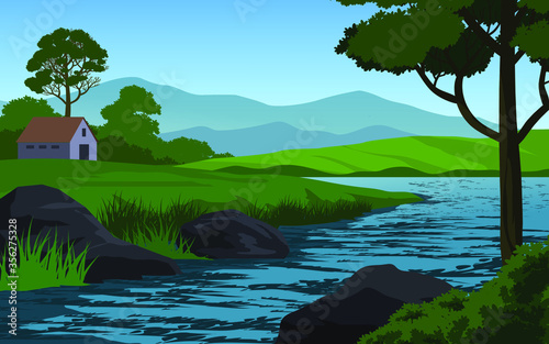 countryside landscape with river and forest