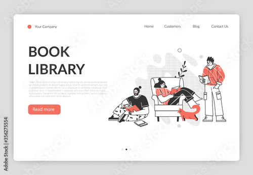 Landing page. The character is reading a book. Flat cartoon vector illustration. The concept of reading books and learning. Book library