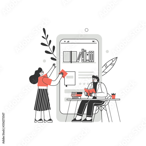 Online book library concept. Vector graphic illustration with characters reading books online on the smartphone. Concept for website and mobile website development.