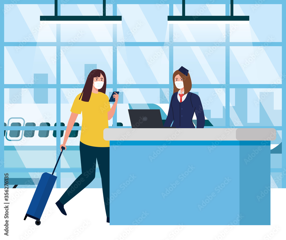 Stewardess on reception and woman with medical masks and bag design, Cancelled flights travel and airport theme Vector illustration