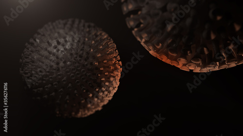 Coronavirus Covid-19 cell virus under microscope over black gradient. 3D Render. Illustration