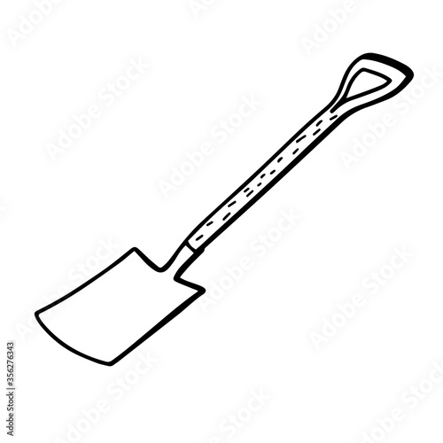 Shovel for earthworks. Garden shovel isolated on a white background. A tool for digging and replanting plants. Vector illustration in Doodle style