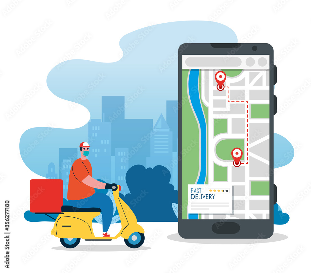 man with mask motorcycle box and smartphone design, Safe delivery logistics and transportation theme Vector illustration man with mask motorcycle box and smartphone design, Safe delivery logistics and transportation theme Vector illustration