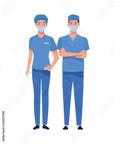 couple surgeons wearing medical masks characters