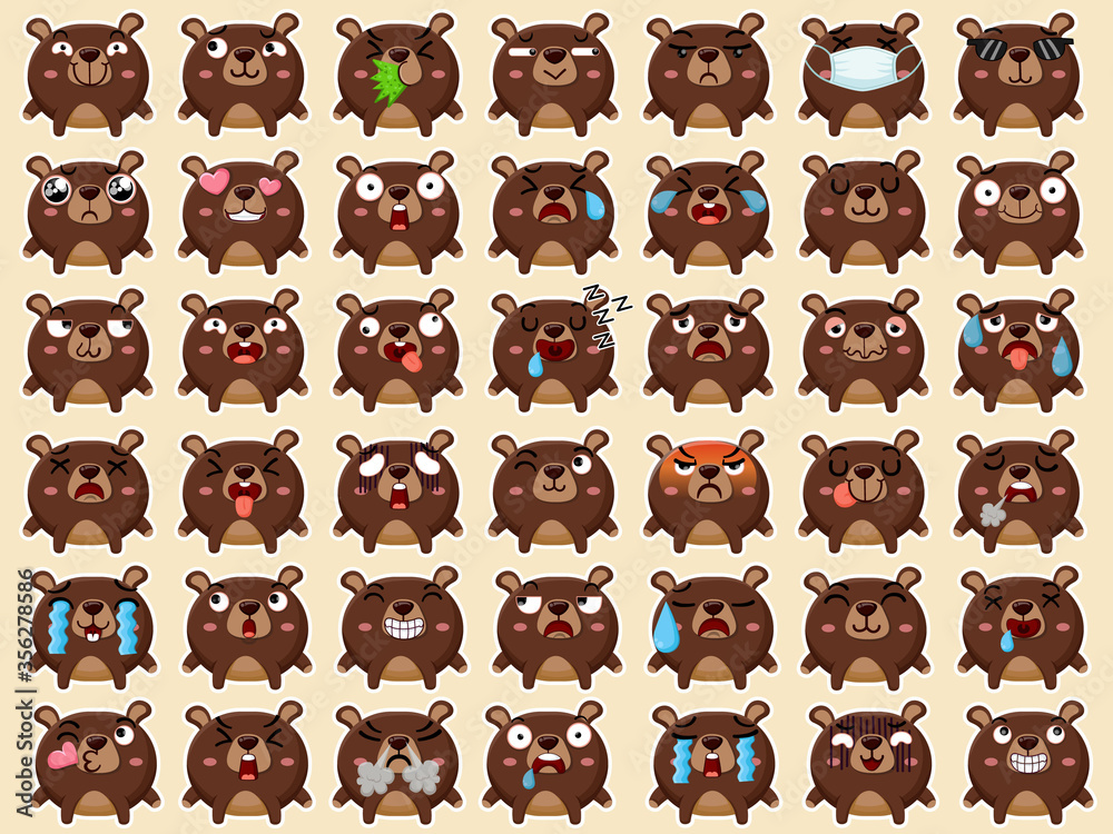 Cartoon emoji bears set icons of emoticons. Cartoon animal characters