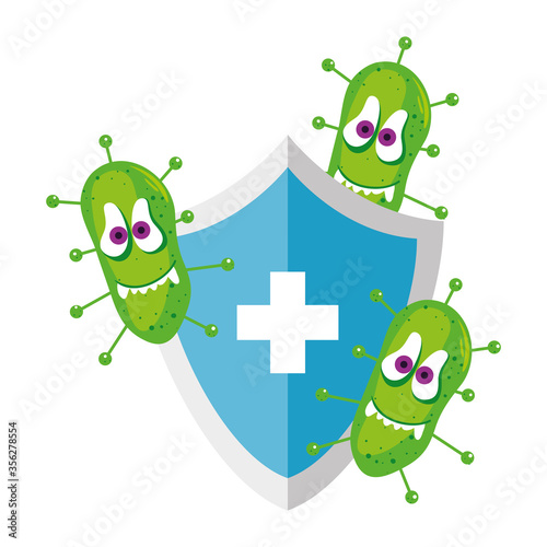 Covid 19 virus cartoon on shield with cross design of 2019 ncov cov coronavirus infection and corona theme Vector illustration