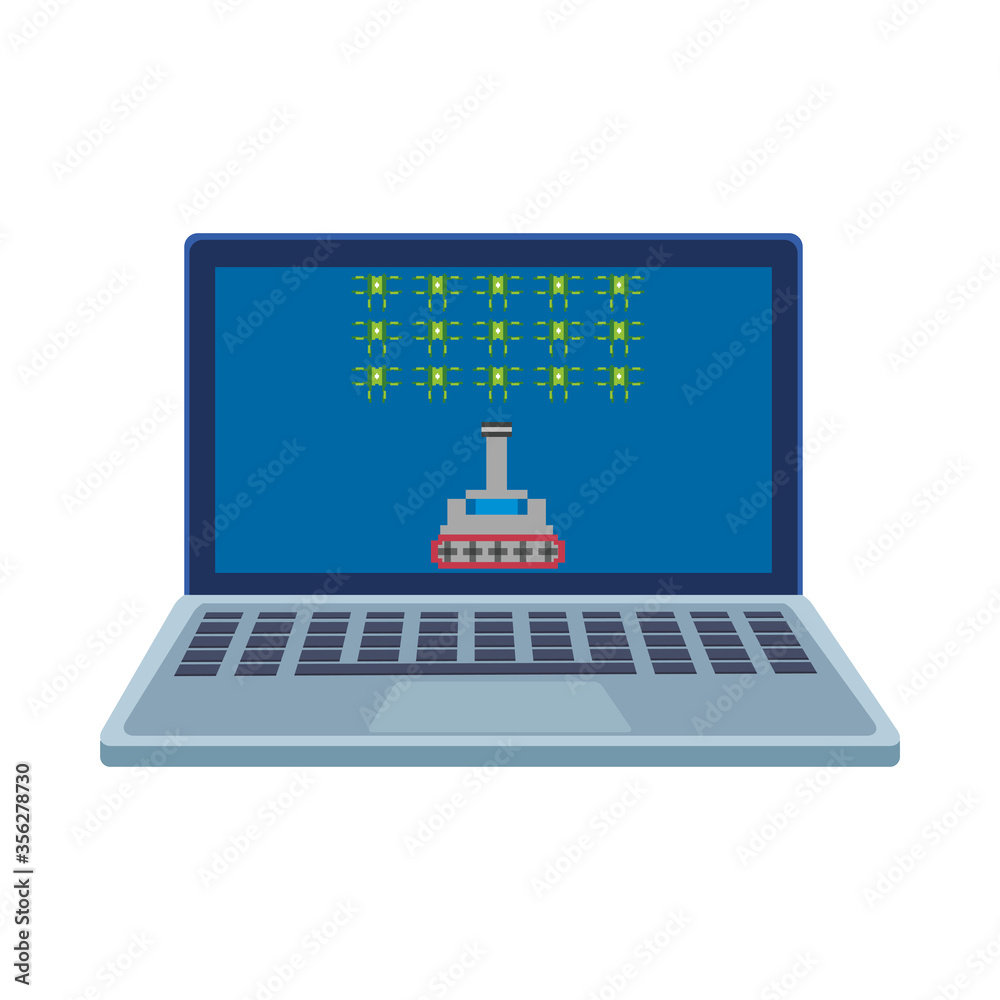 space ship fighting with aliens in laptop 8 bits pixelated icon space ship fighting with aliens in laptop 8 bits pixelated icon