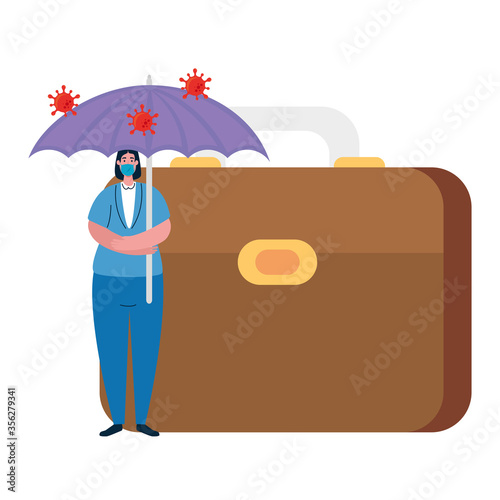 woman with mask umbrella and suitcase design of bankruptcy and covid 19 virus theme Vector illustration