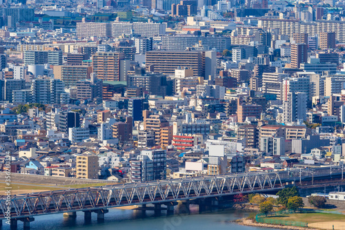 Japan. Osaka. Panorama of Osaka from a height. island of Honshu. Bridge over the Yodo river. Japanese city with drone. The urban landscape of Japan. Residential areas of Osaka. Urbanistics. photo