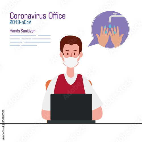 Businessman with mask on desk and hands sanitizer design, Disinfects clean antibacterial and hygiene theme Vector illustration