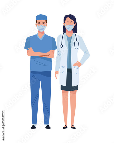 couple doctor and surgeon wearing medical masks characters