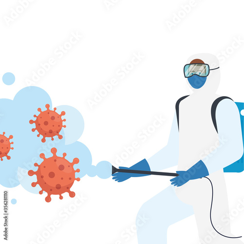 Man with protective suit spraying covid 19 virus design, Disinfects clean antibacterial and hygiene theme Vector illustration