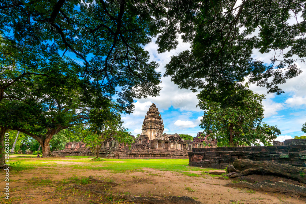Perfect view of Prasat Hin Pimai (Pimai Historical Park) The ancient sand-stone Khmer-style temple in Nakhon Ratchasima province, Thailand,Asia.Amazing Stone castle.This is a public place.