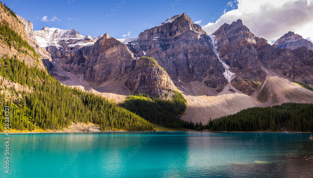 View of mountains on Moraine Lake in Banff National Park