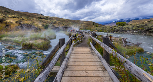 Crossing a bridge to Boiling River in Yellowstone National Park