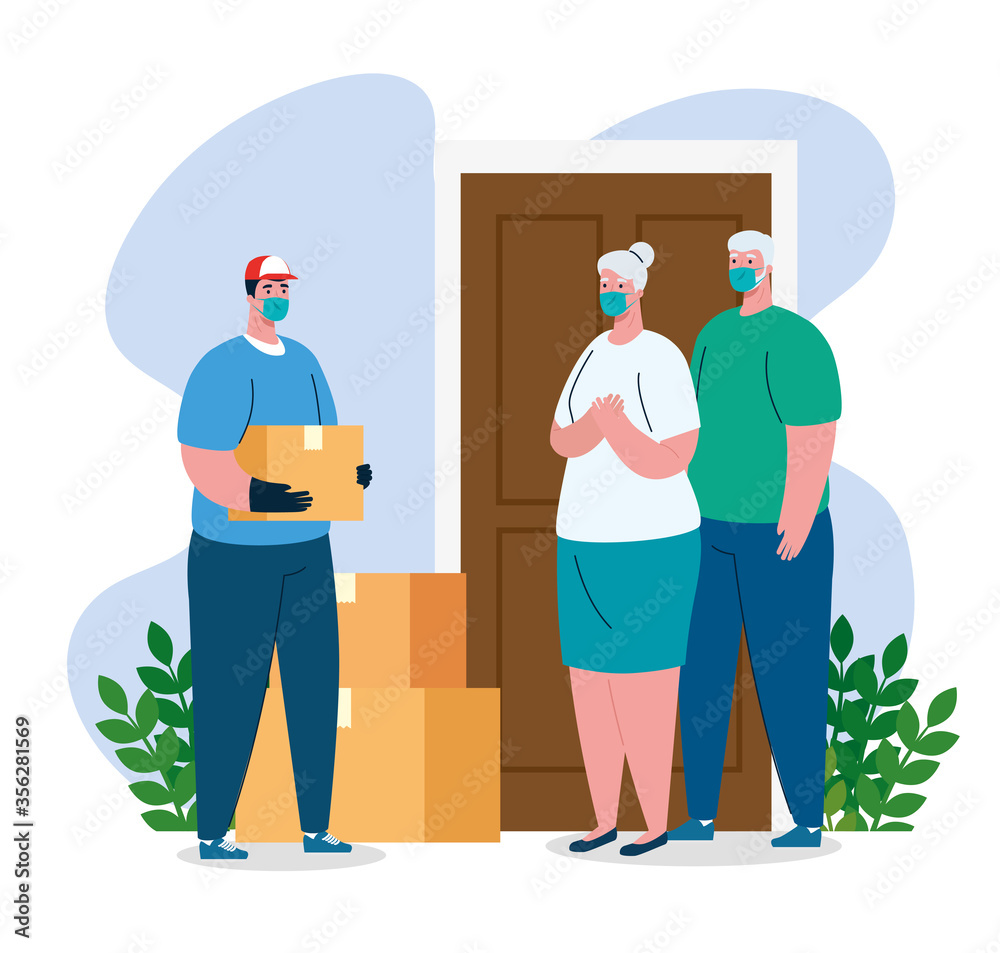 man and old people clients with masks and boxes design, Safe delivery logistics and transportation theme Vector illustration man and old people clients with masks and boxes design, Safe delivery logistics and transportation theme Vector illustration