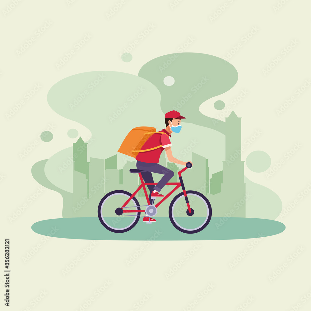 delivery service worker wearing medical mask in bicycle