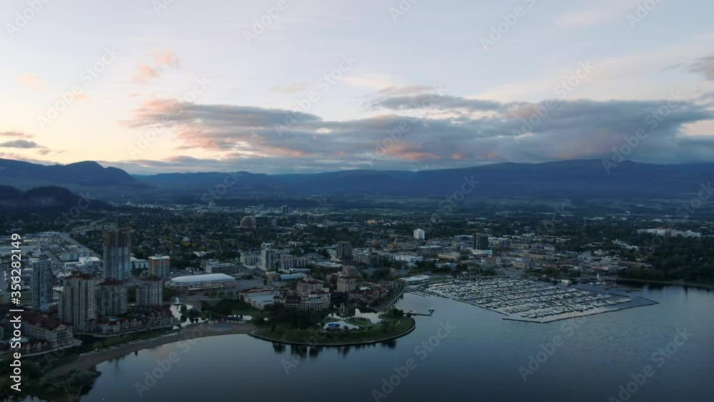 Aerial Drone Shot of Kelowna At Sunrise, Beautiful British Columbia Canada City, Okanagan Canada