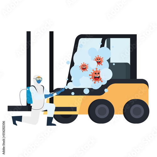 Man with protective suit spraying forklift with covid 19 virus design, Disinfects clean and antibacterial theme Vector illustration