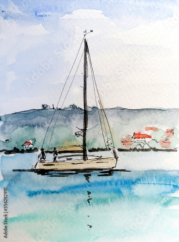 Leinwand Poster watercolor drawing travel sketch yacht with deflated sails against the backgroun