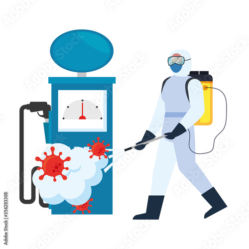 Man with protective suit spraying gasoline pump with covid 19 virus design, Disinfects clean and antibacterial theme Vector illustration